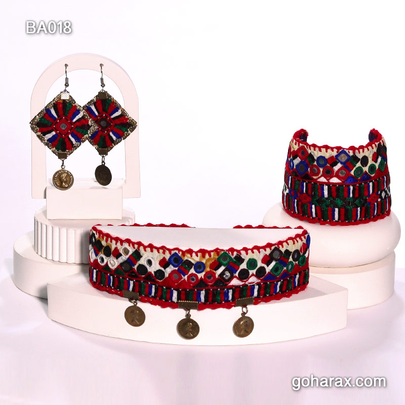 ba018a ست طوق گردن گوشواره و مچ بند سوزن دوزی بلوچی دست ساز